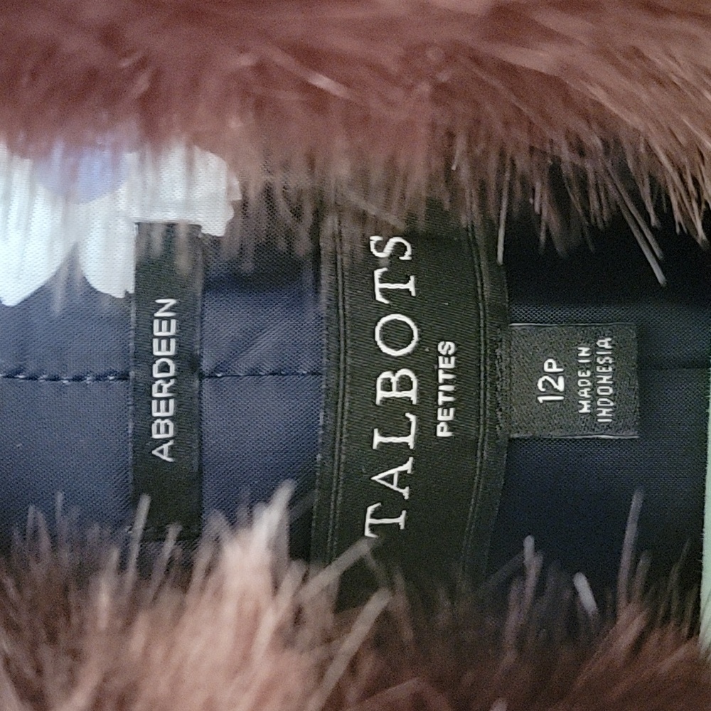 Talbots Dark Green Wool Jacket with Brown Faux Fur Collar - Picture 4 of 7